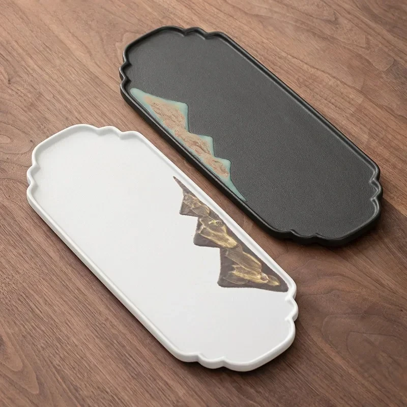 Japanese Hand Painted Mountain Shadow Bamboo Simple Rectangle Ceramic Tea Tray Saucer Small Tea Table Kungfu Tea Tray