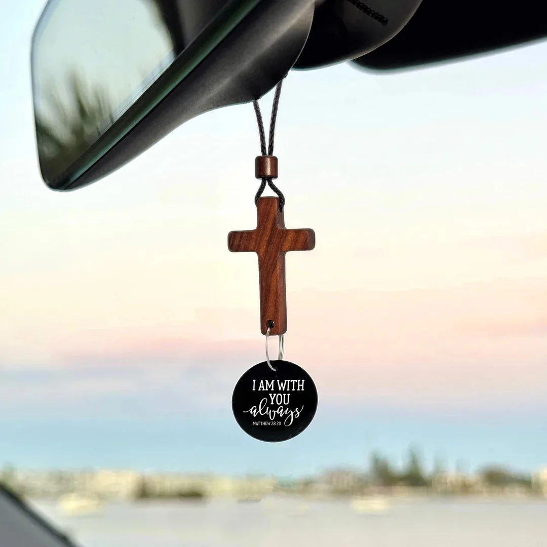 Bible Verse Car Rearview Hanging Cross Ornament Keychain Simple Rearview Mirror Cross Decoration With Pendant For Car Decor