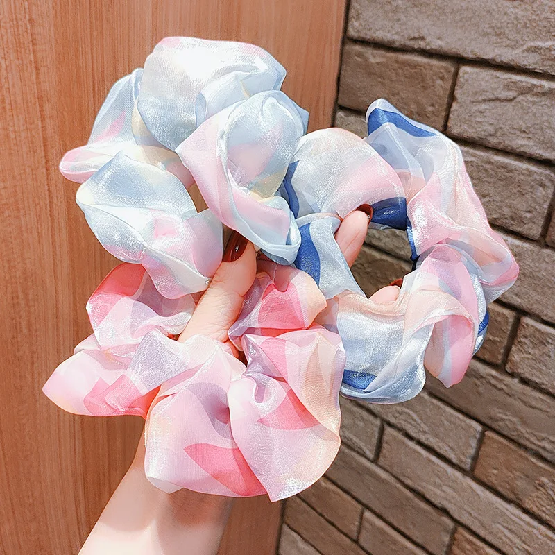 New Women Streamer Tie-dye Organza Hair Scrunchies Fashion Plaid Chiffon Hair Rope Elastic Hair Band Ponytail Hair Accessories