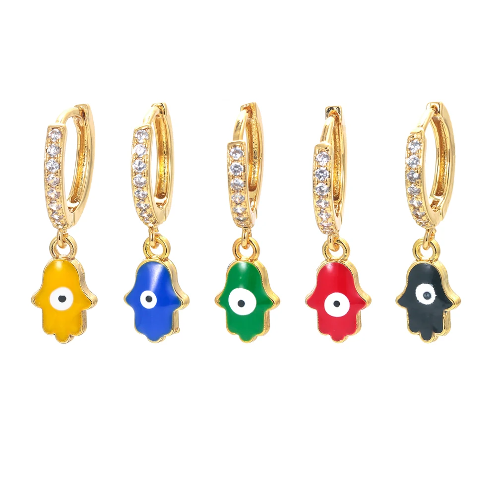 EYIKA Multicolor Enamel Turkish Evil Eye Hamsa Hoop Earrings Women Personality Zircon Fatima Hand Circle Earring Boho Jewelry