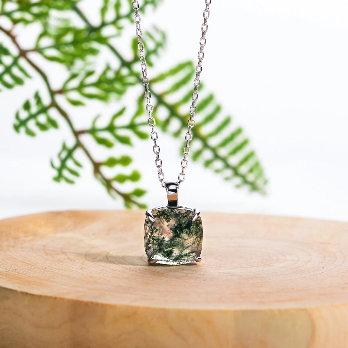 AliMoss 10*10mm Geometry Cut Moss Agate  Necklace 925 Sterling Silver Pendant(18+2in) for Women Anniversary Birthday Gifts