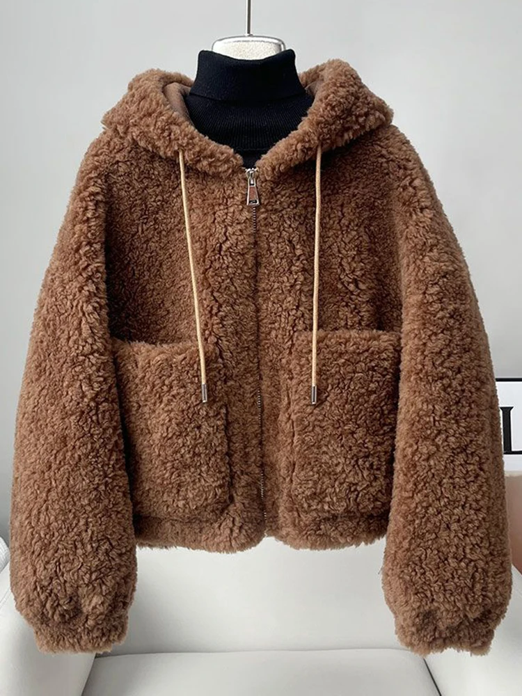 فو لامب لطيف معطف دافئ المرأة Vintage جيوب طويلة الأكمام الحلو سترة الشتاء الإناث الرجعية القهوة مقنعين أبلى القمم