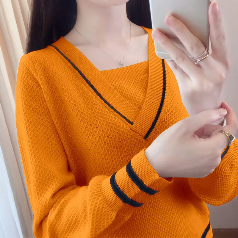 Women's Clothing Long Sleeve Autumn Winter V-Neck Pullover Sweater Knitted Casual Fashion Screw Thread Contrast Color Tops