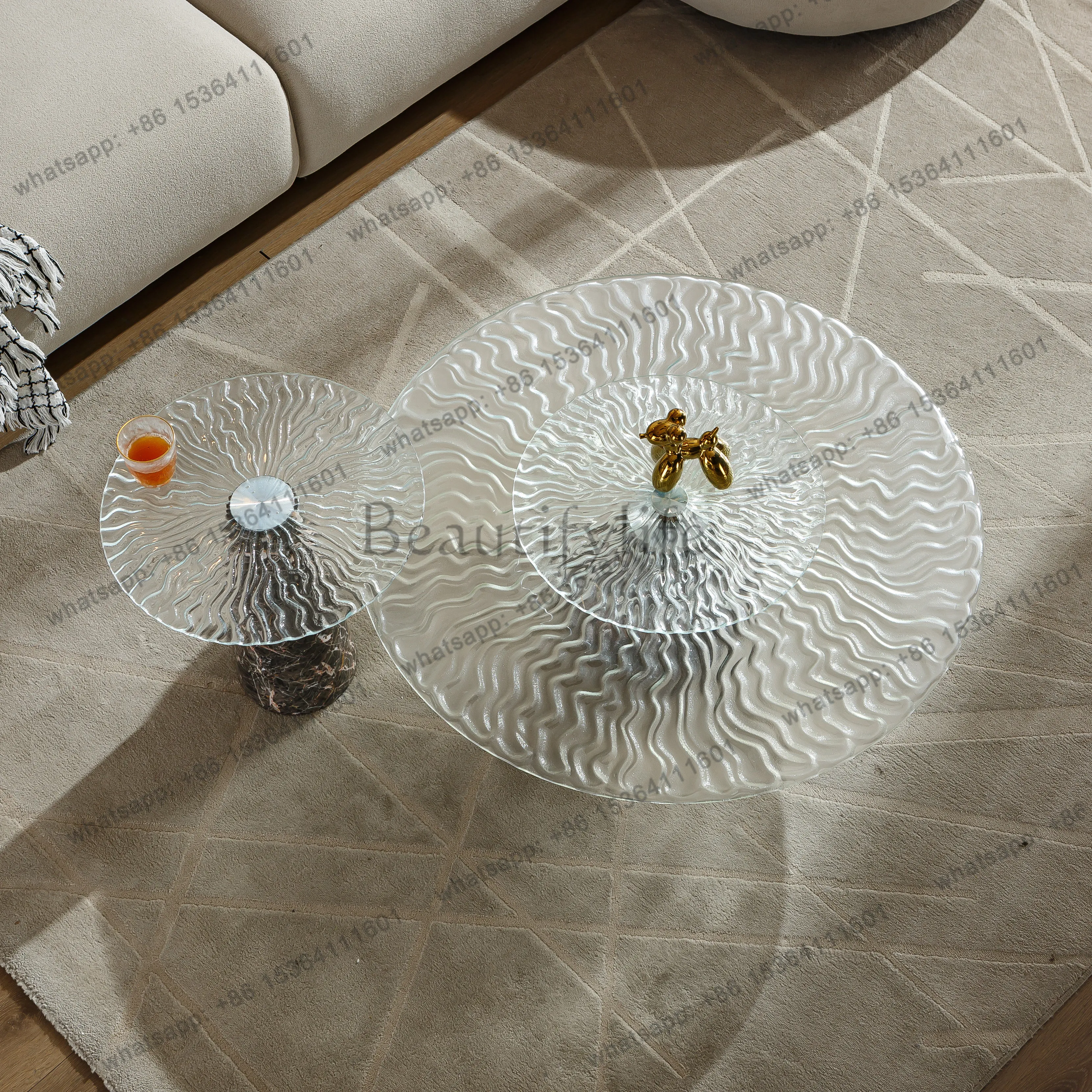yj58 Italian minimalist water ripple hot melt tempered glass coffee table natural marble tea table