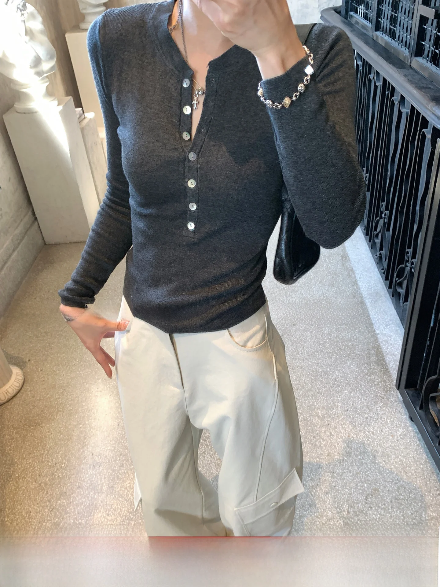 

Gv Big Brother Knitted Open Cardigan Long Sve Slim Fit Pearl Button Early Autumn Wear Casual Sle Women's Faion Top