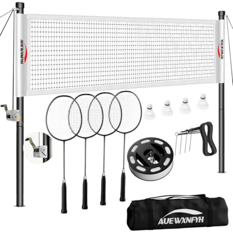 

Portable Badminton Set for backyard lawn grass beach use heavy-duty nylon rackets white shuttlecocks blue boundary line winch t