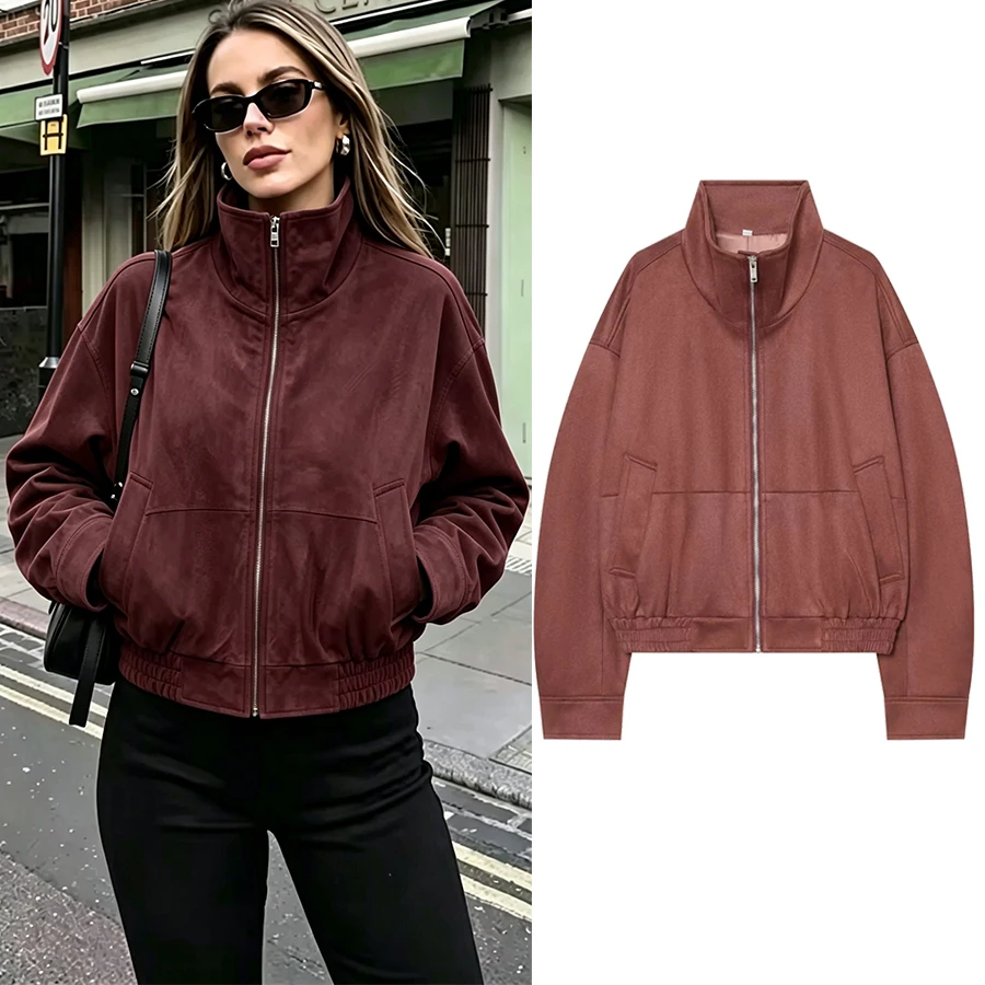 Women Short Woolen Coat Women High Neck Double Breasted Waist Belt Long Sleeve Autumn Winter Warm Lady Outerwear