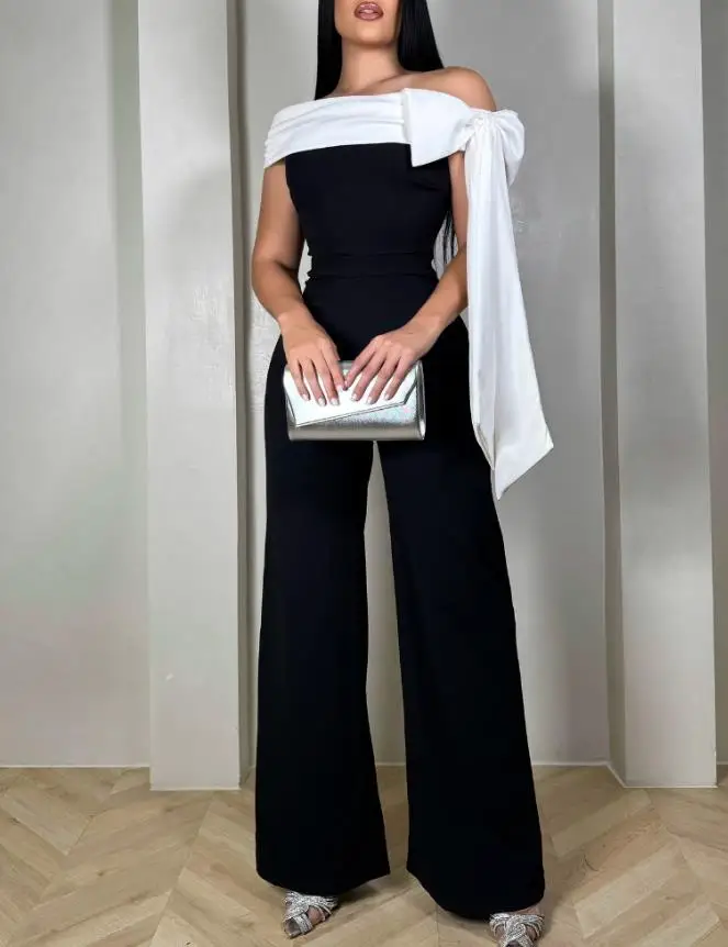Jumpsuit Women 2025 Spring New Colorblock Bowknot Decor Off Shoulder Sleeveless Cinched Waist Jumpsuit Casual Wide Leg Jumpsuit