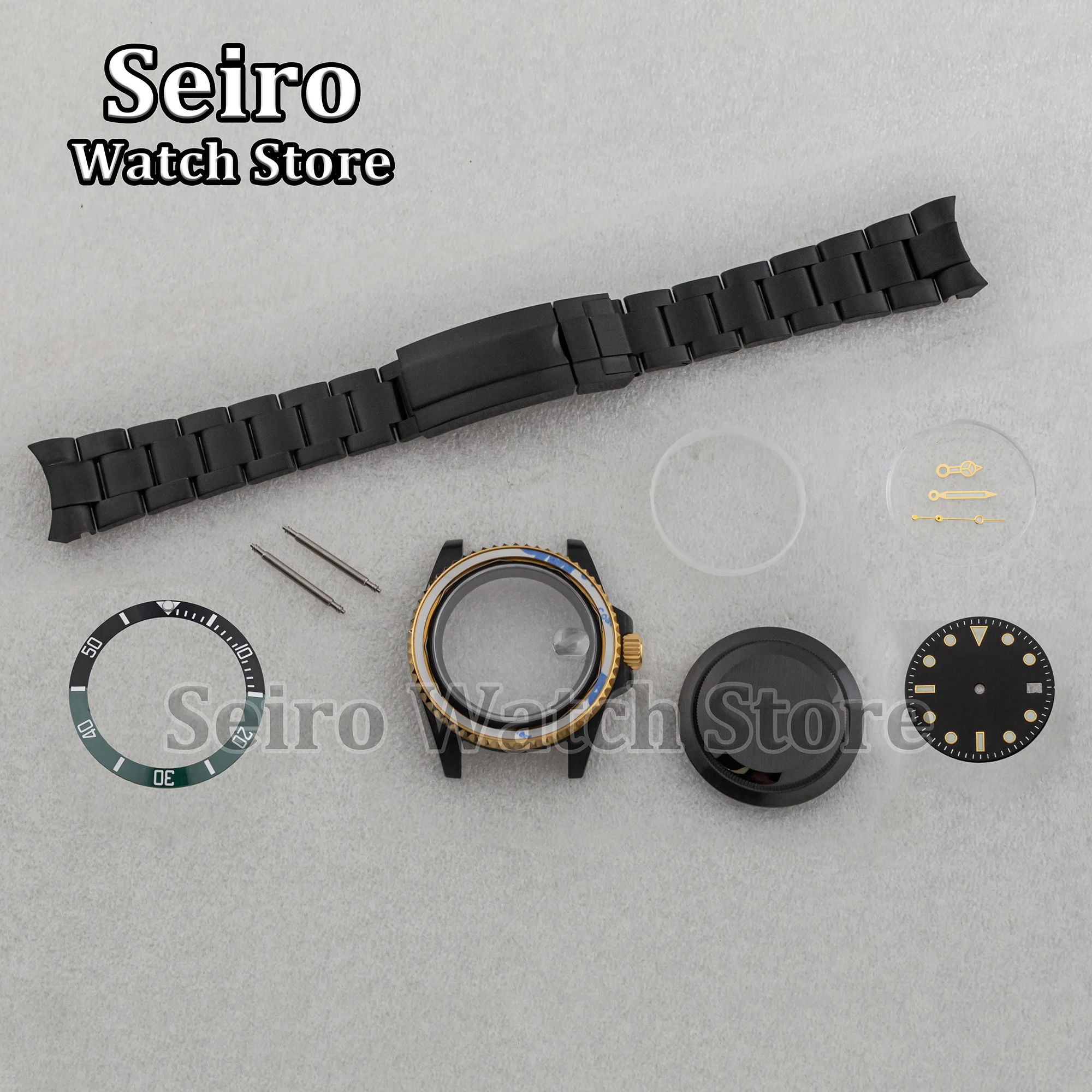 40MM Black Gold Watch Case Oyster Strap Luminous Needles 28.5MM Black Dial Watch Parts for SUB GMT Yacht NH35 NH34 NH36 Movement