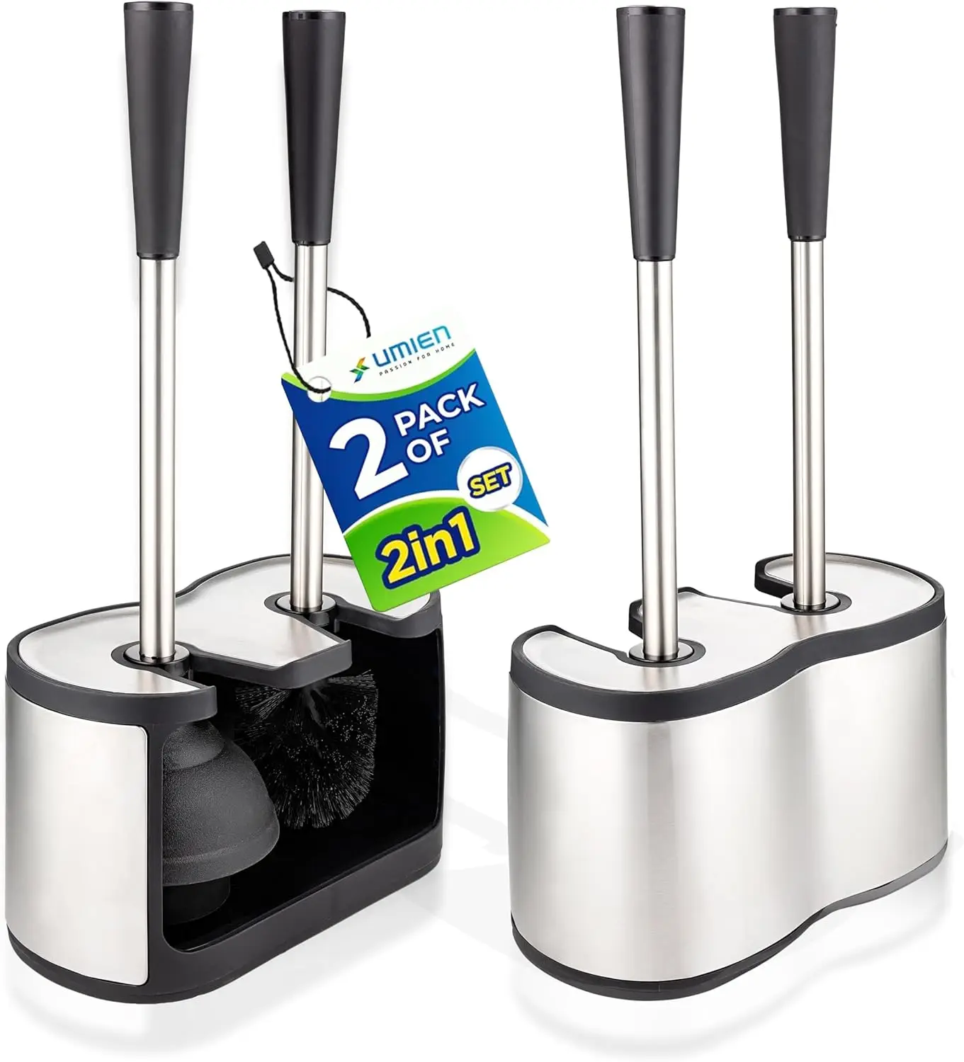 

2-Pack Toilet Brush and Plunger Set with Stainless Steel Design, Long Handles, and Freestanding Canister for Efficient Cleaning