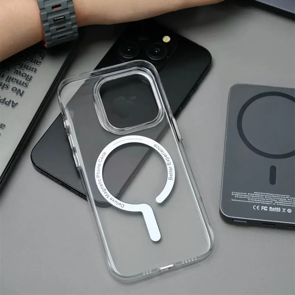 Creative Question Transparent Strong Magnetic For Magsafe Case For iPhone 15 14 13 12 16 Pro Max Alloy Button Hard Glossy Cover