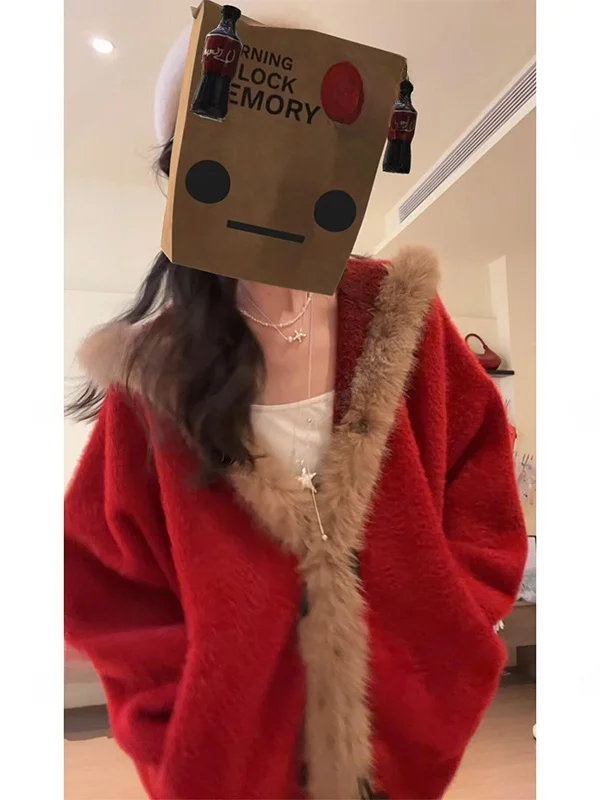 

Корейский свитшот в стиле Lazy Style для женщин, вязаный, с большим меховым воротником, свободный, теплый, модный, прямой крой, вязаный, весна-осень