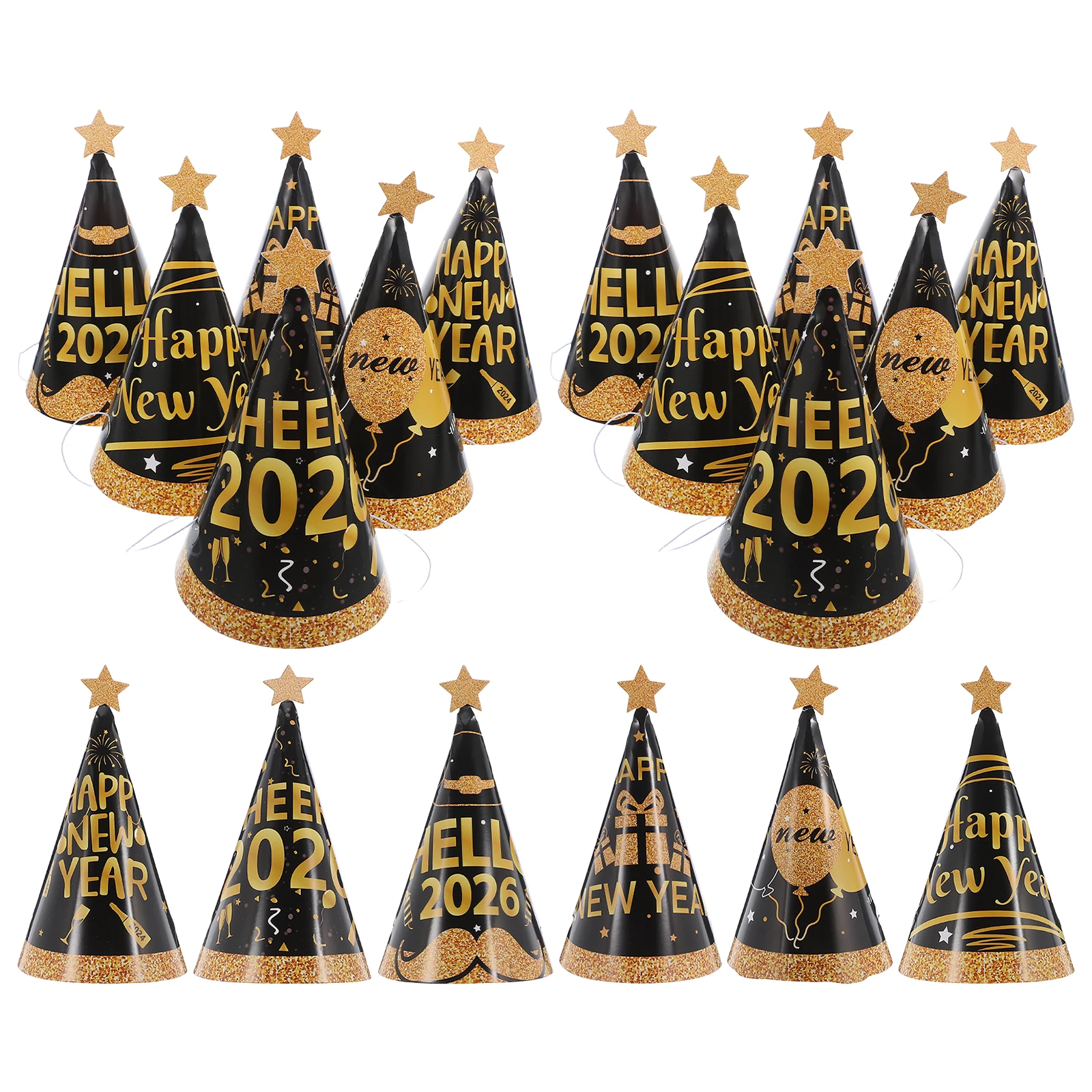 

24 Pcs Happy New Year 2026 Party Hats for Adults New Years Eve Celebration Cone Headdresses Birthday Paper Hat Set