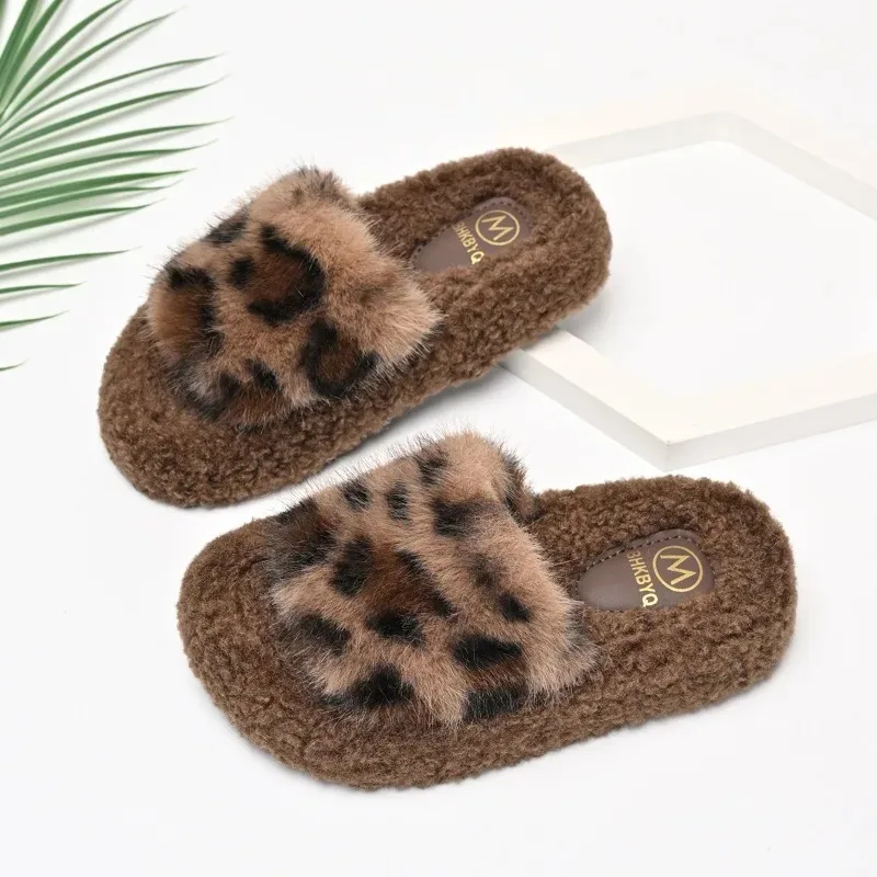 Children Slippers Open Toes Warm Suede Girls Fashion Casual Shoes Leopard Pattern 2025 Winter New Kids Bedroom Slipper Comfort