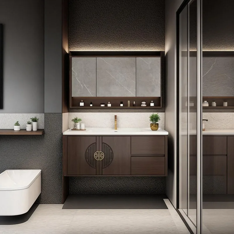 New Chinese oak bathroom cabinet combination bathroom simple ceramic integrated basin hand wash basin solid wood