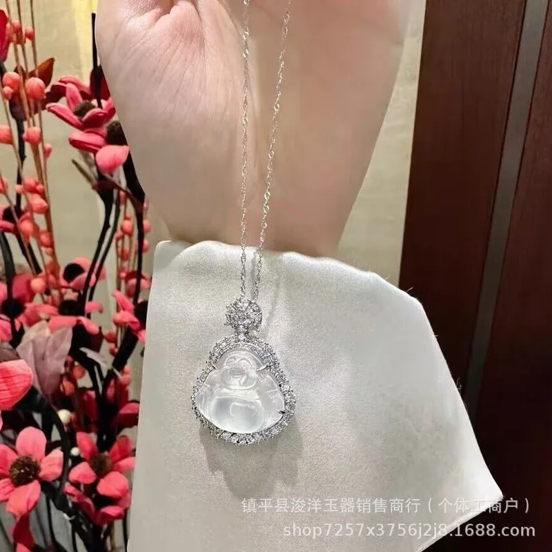 High-quality translucent white chalcedony pendant, silver-plated, inlaid with Laughing Buddha agate and Maitreya Buddha