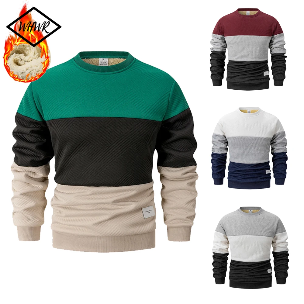 

Men's Crew Neck Color Matching Pullover Thermal Patchwork Long Sleeved Sweatshirt Warm Casual Hoodies Sports Outdoor Streetwear
