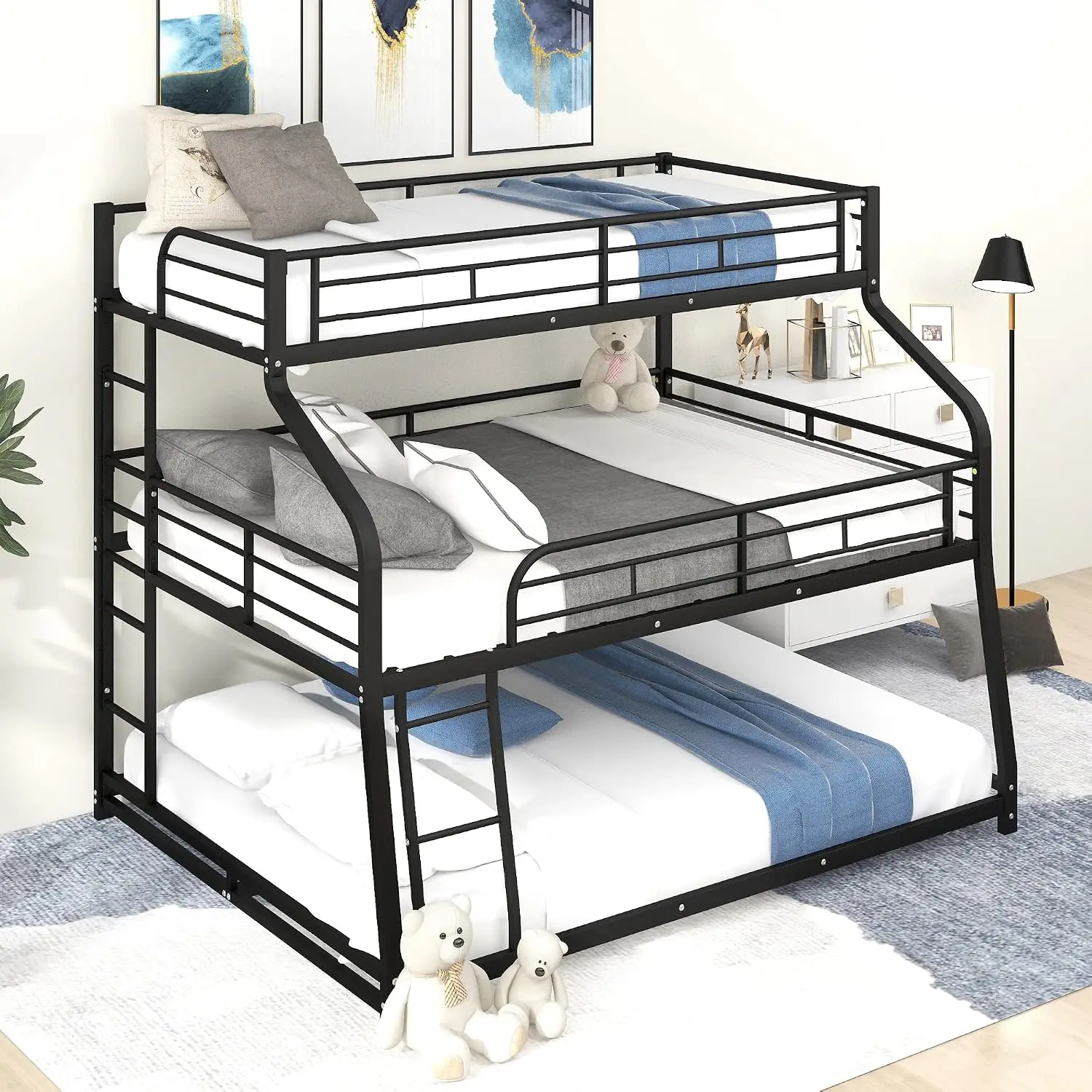 Heavy Duty Triple Bunk Bed, Metal 3 Bunk Beds With 2 Ladder And Full-Length Guardrails, Twin XL/Full XL/Queen, Customized