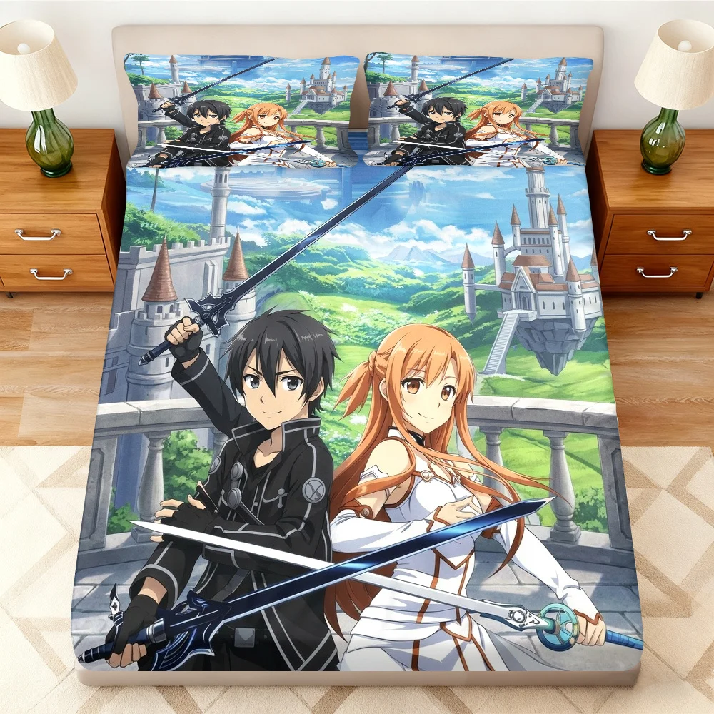 Anime Fantasy Swordsman Bed Sheet Set 2D Digital Print Three-Piece Bedding Set (includes 1 bed sheet + 2 pillowcases) Mattress Protector, Elastic-Fitted Sheet, Protective Cover, Mattress Protector, Fitted Bedding