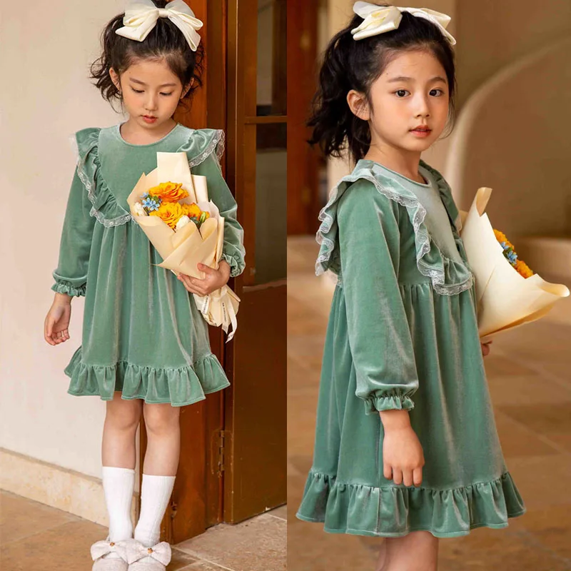 

Velvet Girls Dresses For Fall Winter Solid Color Green Girls' Dresses Big Girl Long Sleeve Dress Size 4 5 6 7 8 9 10 11 12 Years