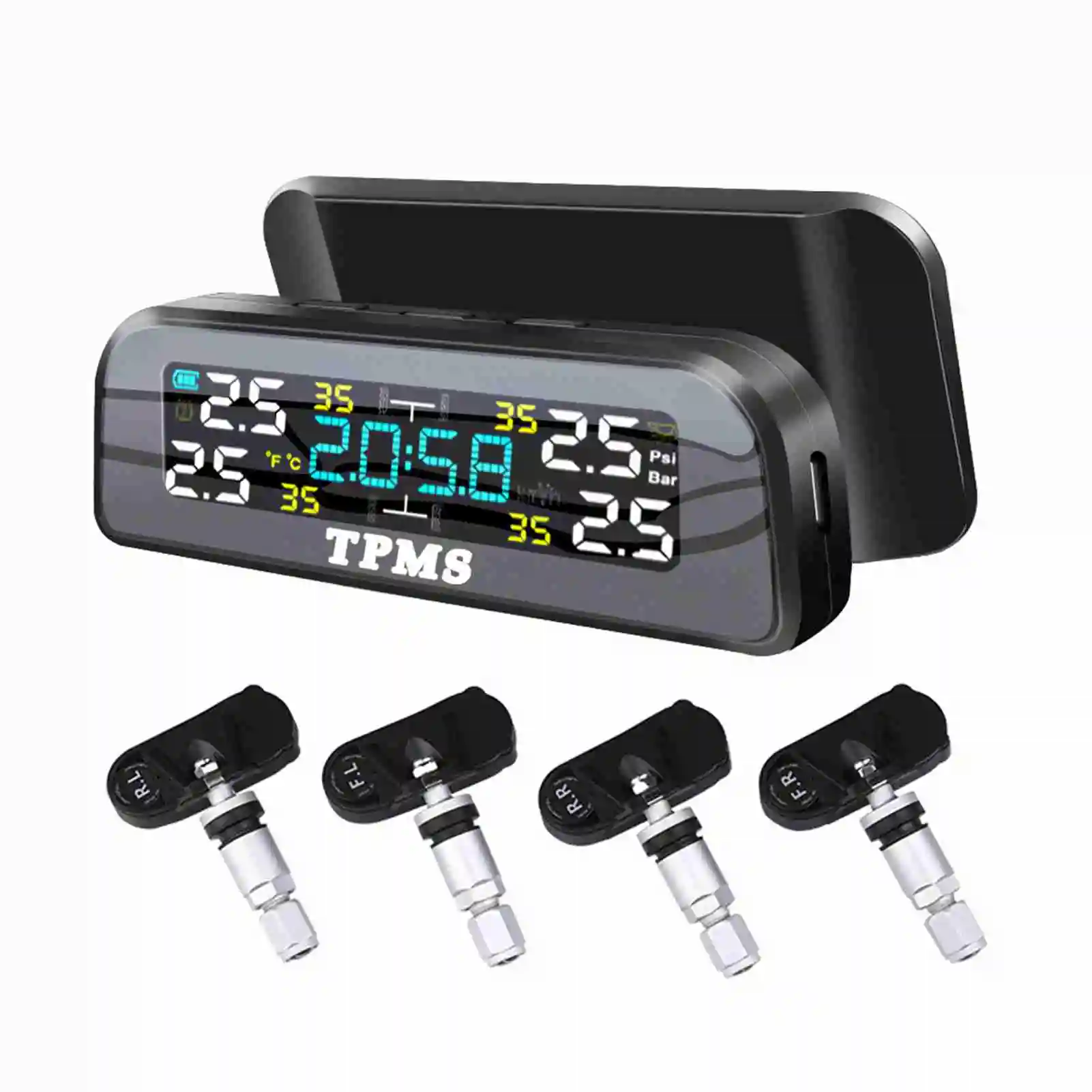 Solar Tire Pressure Monitor System Automobile Tire Pressure Alarm Clock Tire Detector 360 ° Rotatable Tire Pressure Monitoring