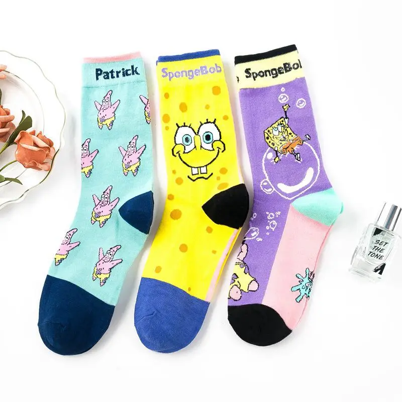 3 pairs Cute Spongebob Squarepants Patrick Star Autumn and Winter Cotton Socks Mid Tube Women's Socks Cartoon Jacquard Socks