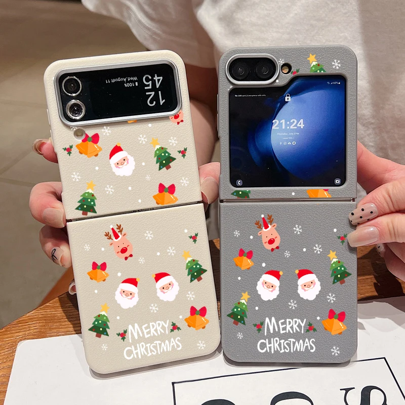 Christmas Style Case For Samsung Galaxy Z Flip6 Flip5 Flip4 Leather Texture Silicone Folding Cover For Samsung Z Flip 6 5 4 3