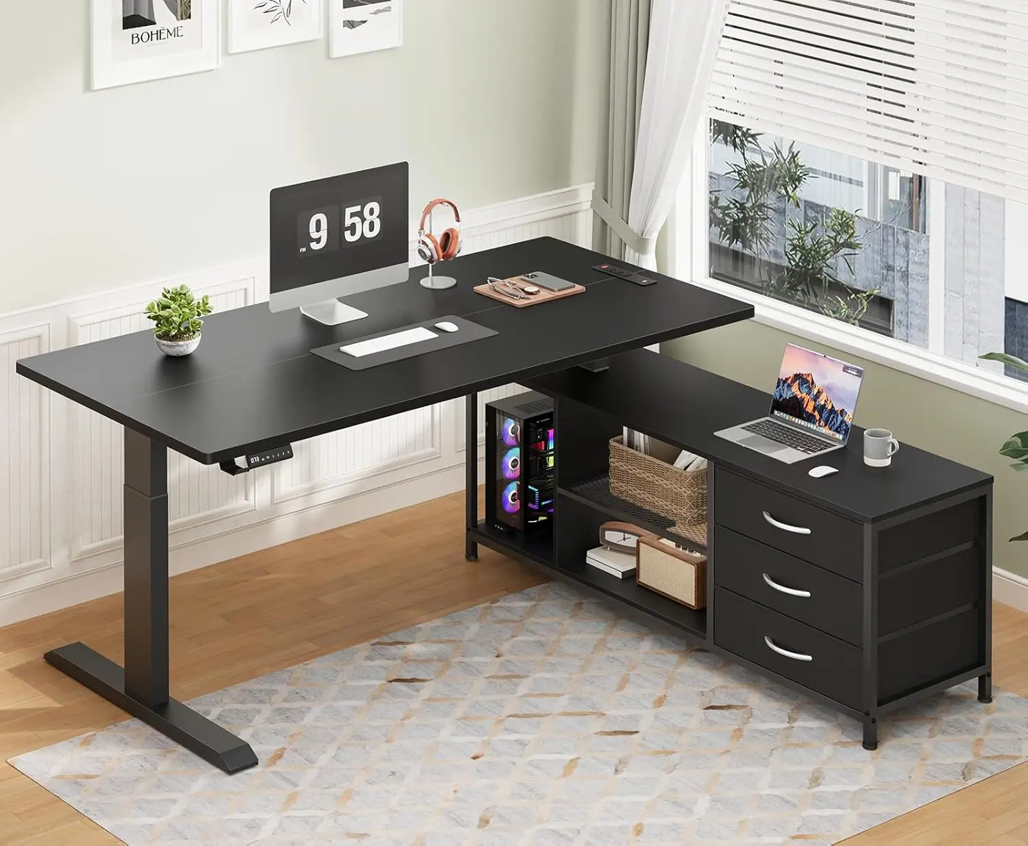 

L Shaped Electric Standing Desk with Drawers & Shelves, Height Adjustable Corner Computer Desk with Power Outlets,Customized