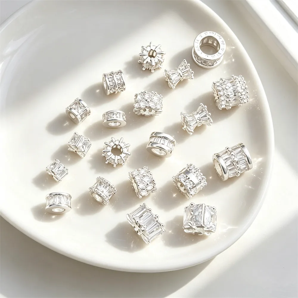 Thick Silver Zircon Square Bucket Wheel Large Hole Spacer Beads DIY Jewelry Findings