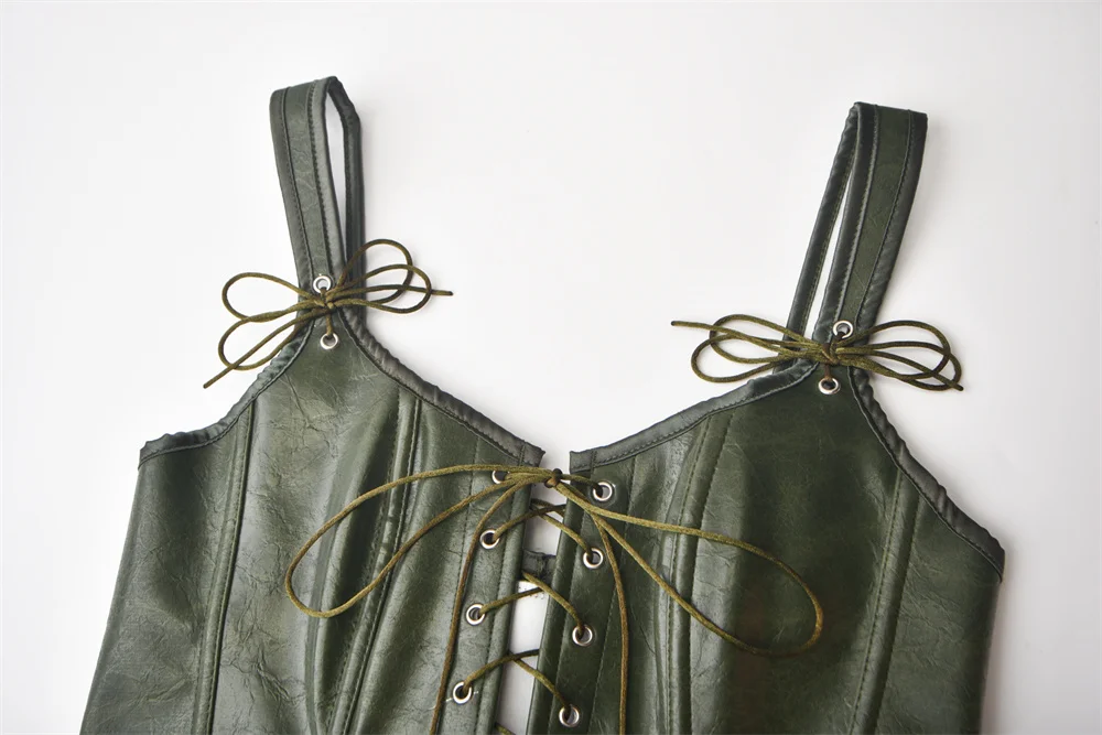 Green Leather Zipper Overbust Vintage Lace Up Corset Vest Women Gothic Clothing Steampunk Bustier Top Sexy Corselet Feminino