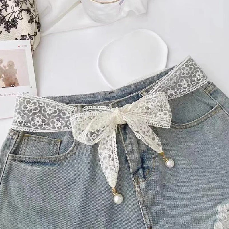 

Модные милые декоративные кружевные поясные ремни с жемчужной подвеской, аксессуары для одежды, пояс-цепочка, элегантное платье, поясная цепочка для женщин