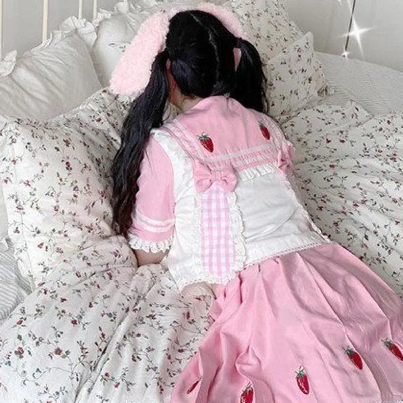 Strawberry JK Uniform Set Y2K Kawaii Lolita Outfit Sailor Collar Top Pleated Skirt 2 Piece Girl Summer Cosplay Top Dress Set New