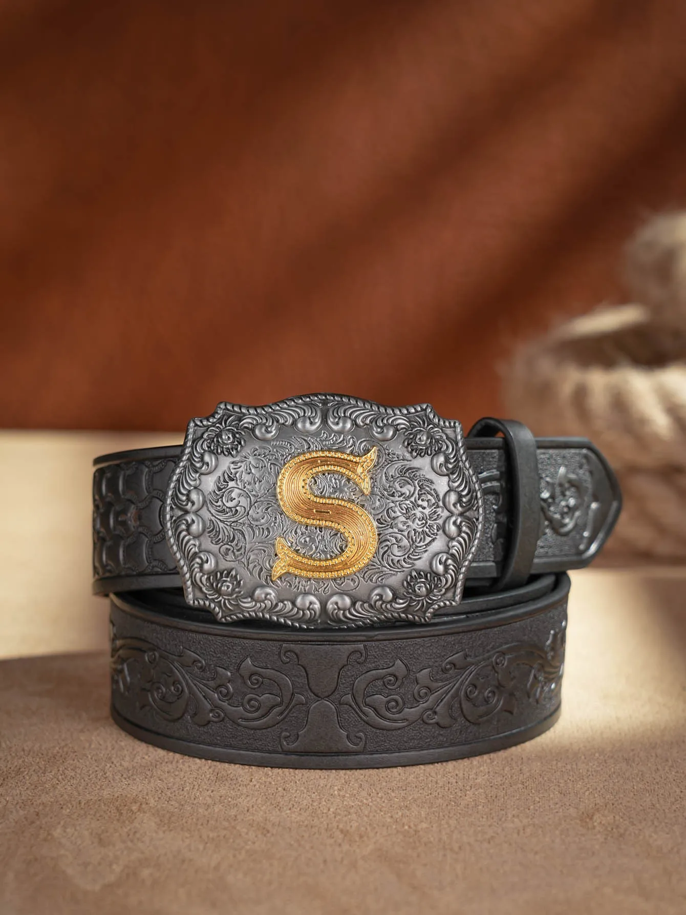 Western Cowboy PU-Ledergürtel – Herren-Hüftgurt, Stier-Dekoration, Blumenmuster, graviert für Jeans – Detail 23