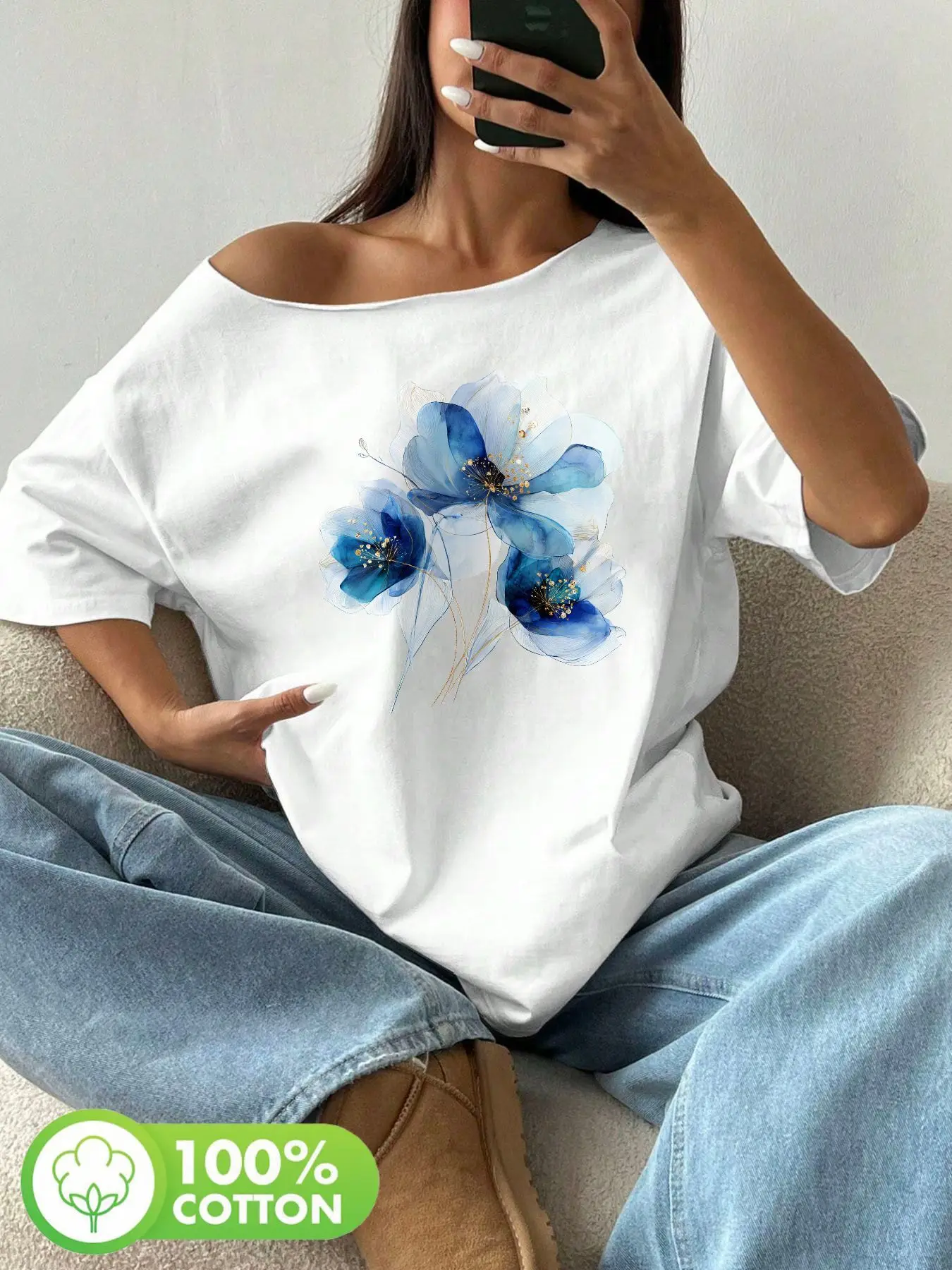 

Plus Size 100% Cotton Shoulder Loose Print T-Shirt Oversized Y2K Style Graphic Tees Women Tops Summer Off The Shoulder Top