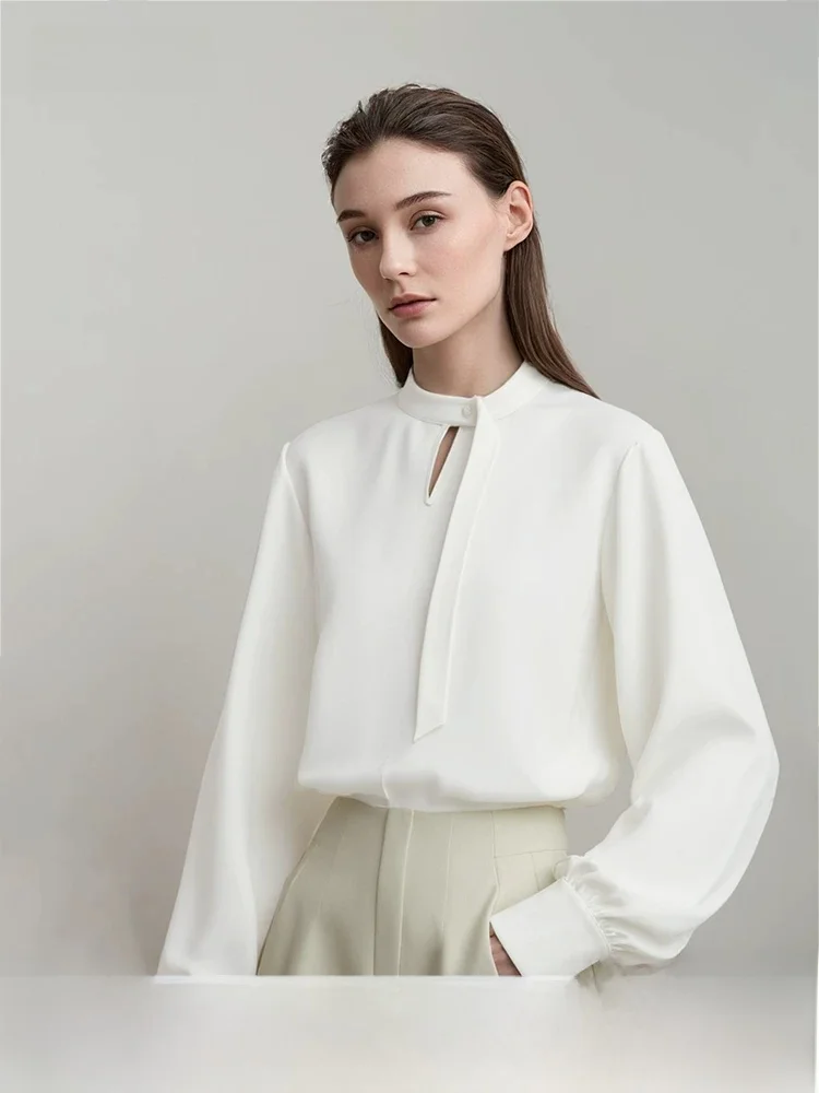 

Новая женская блузка Spring New Sle с завязками, вырезами, воротником-стойкой, свободного кроя, для повседневной носки, модный простой дизайн, длинный рукав, полиэстер...