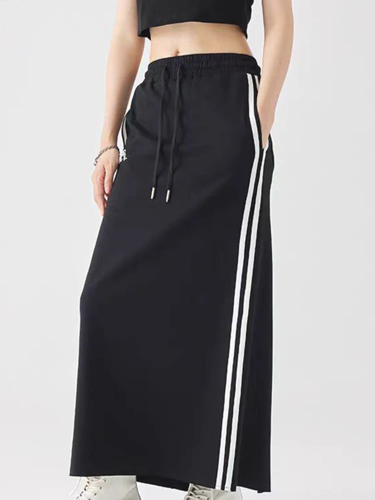 Women Street Hot Girl Skirt 2024 Summer Elastic Waist Drawstring Striped Loose A-Line Casual Sport Style Female Wide Leg Skirts