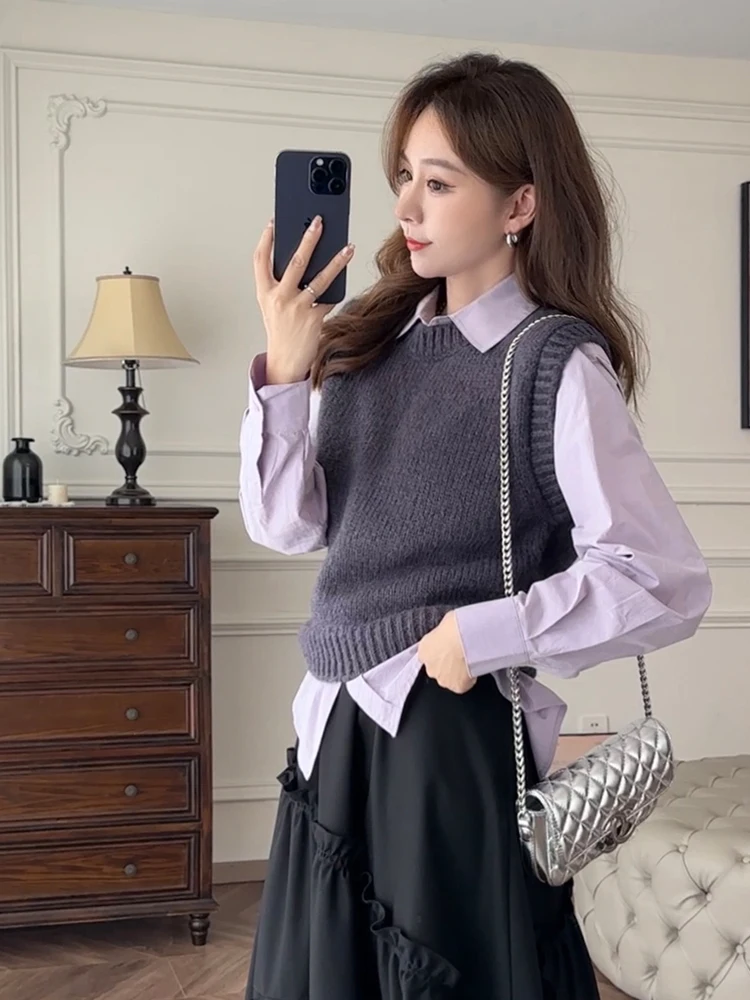 

Soft Purple Knitted Sweater Vest Lazy High-End Feel Zhang erer Autumn Collection Warm round Ne No-Sve Loose Fit Poly...