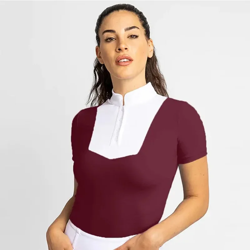 Burgundy Women Equestrian Tops Short Sleeves T-Shirts Horse Training Base Layer Professional Female Equestrian Show Buttons Tops