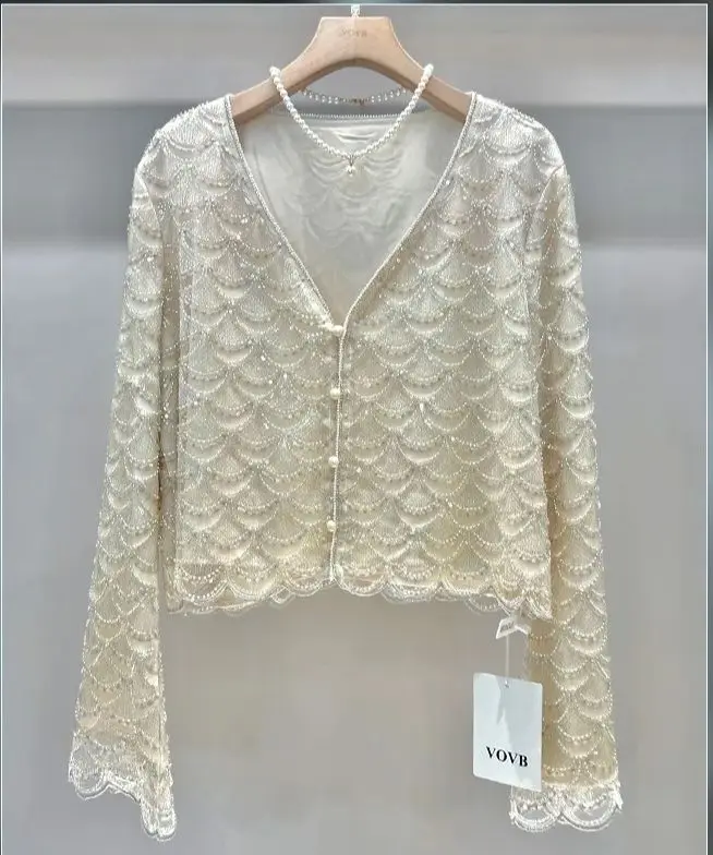 Korean New Design Fishscale Sequined Long Flare Sleeve Blouse Deep V-neck Apricot Elegant Shirt Blouses Women's Clothing