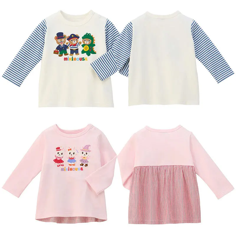 

2025 New Cotton Cute Baby Top Spring and Autumn New Boys and Girls Cartoon Bear Rabbit Splicing Striped Long Sleeve T-shirt