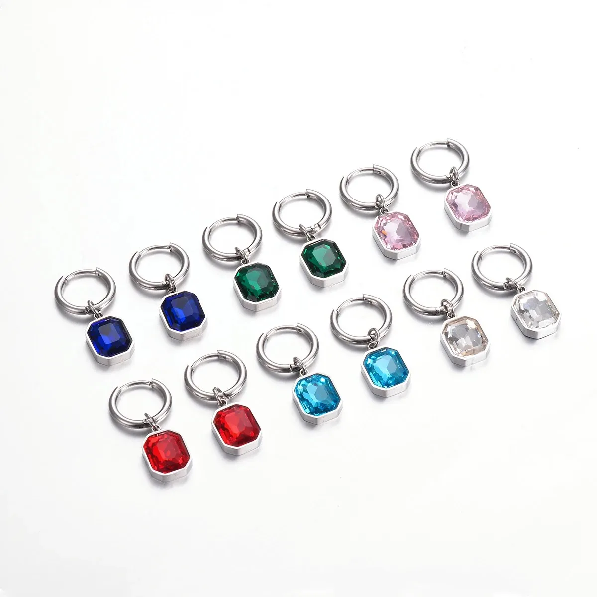 Stainless Steel Square Crystal Glass Drop Hoop Earrings Fashion Women\'s Water Proof Earrings  6 Colors