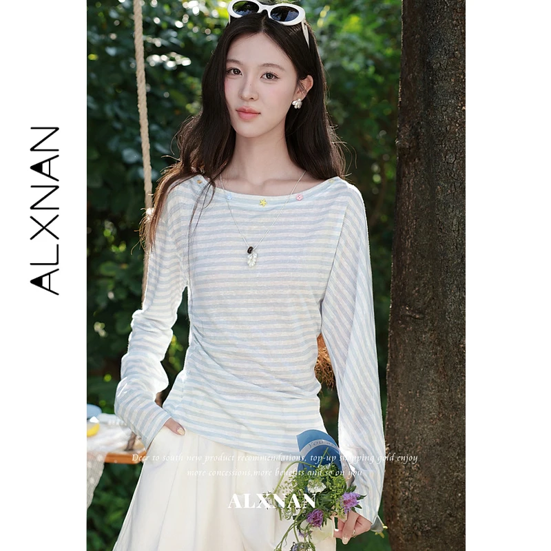 ALXNAN Blue Striped T‑shirt 2026 New Long Sleeve Multi Color Decoration Slant Neckline Waist Cinching Design Women Tops L66830