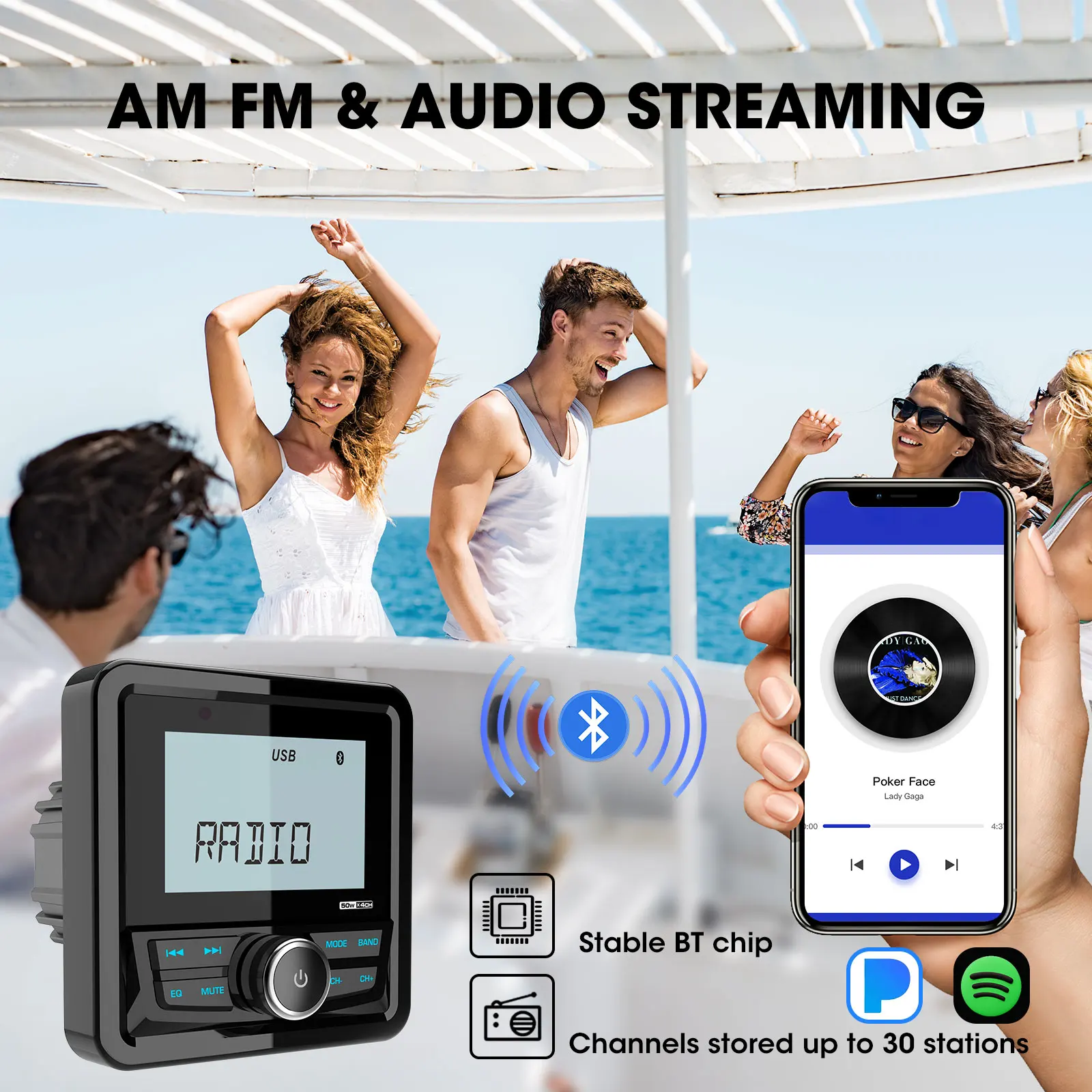 Marine Radio Boat Stereo Bluetooth FM AM Digital Media Audio Player IPX5 Waterproof For Yacht ATV UTV RV Golf Cart Speedboat