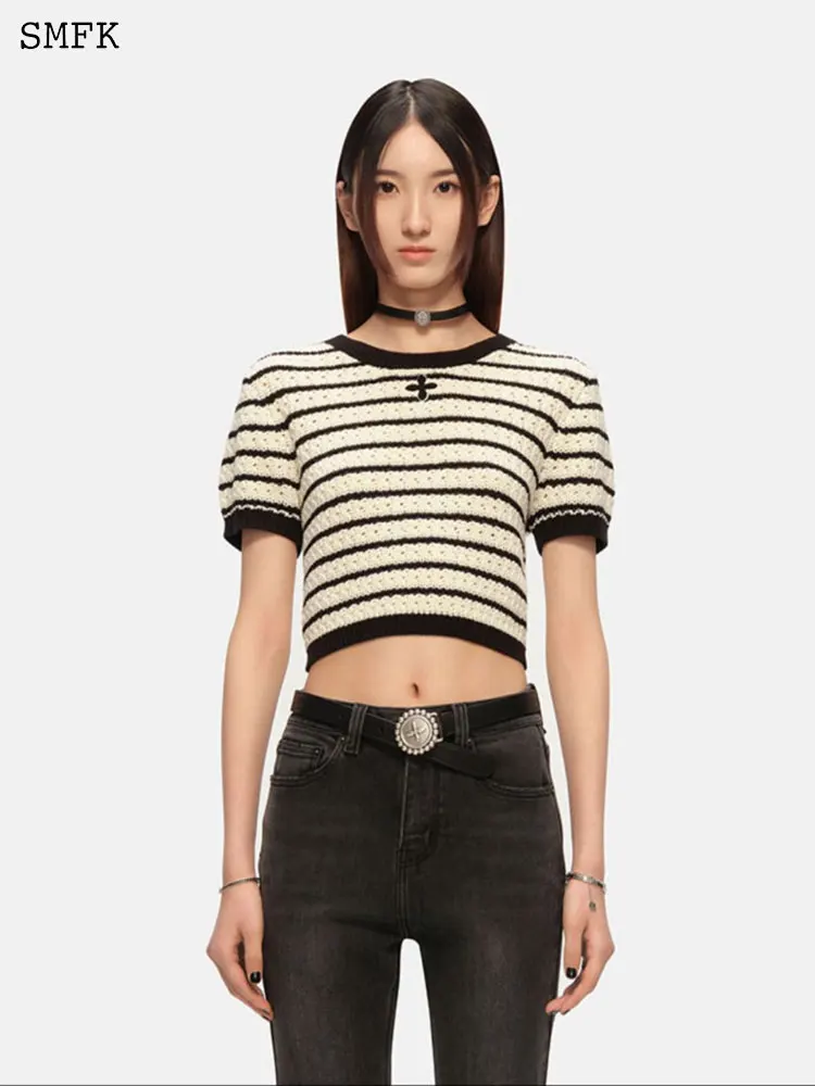 SMFK Knitted Short T-shirt Women Sweaters Contrast Stripe Short Sleeve Spring Female Casual Crop Top Short Sleeve Knit Tops