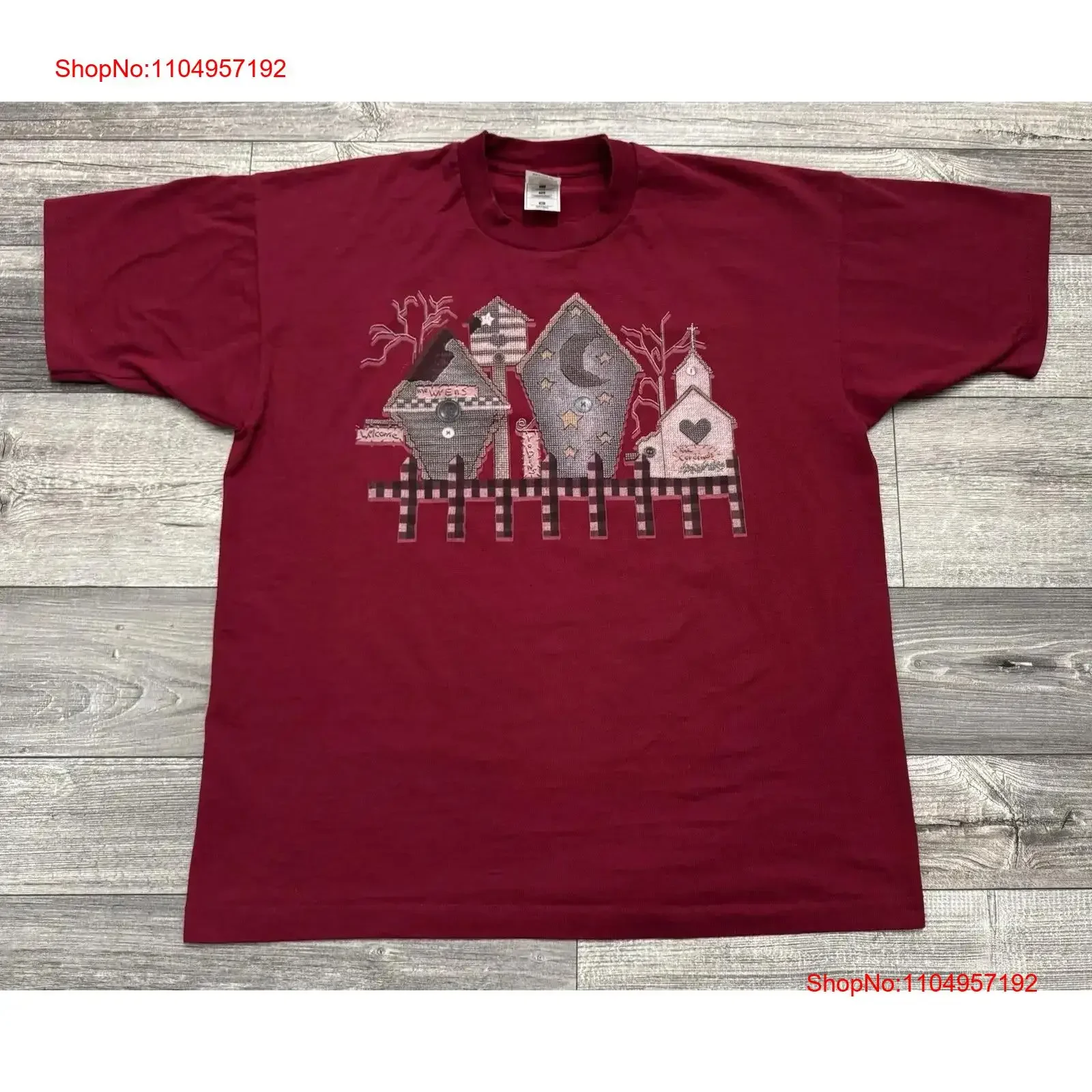 

Винтажная футболка «Птичий домик» для взрослых, размер XL, красный забор, церковь 90-х годов, винтажная стираная уличная одежда, растянутая, удобная