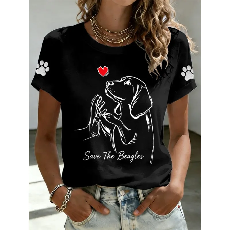 ilstile Women's Save The Beagles Print T-Shirts Summer Short Sleeve T Shirt Casual Tops White Black Orange Tees Hot Sale