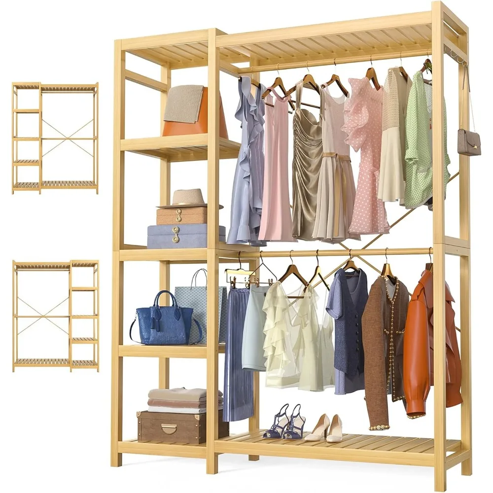 Heavy Duty Adjustable 7-Tier Freestanding Closet Organizer with Double Rods and 4 Hooks