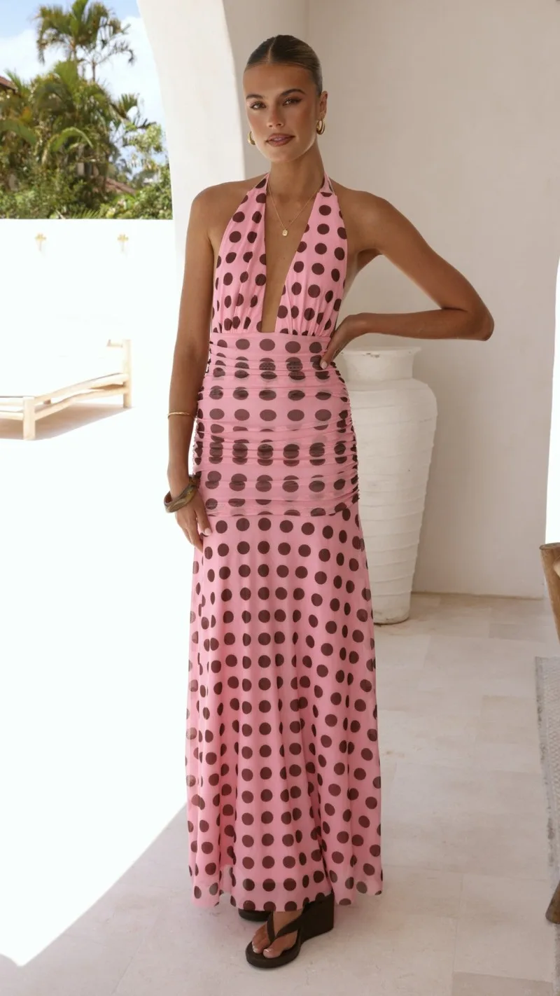 Damen Polka Dot Mesh Maxikleid mit Neckholder, tiefem V-Ausschnitt, gerafftem Design, transparentes langes Kleid für Sommer, Strandurlaub, Cocktailparty, Sommerkleid – Detail 6