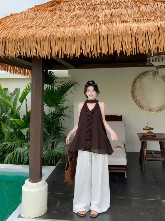 

plus Size Fashion Set Casual Neck Hanging Strap Blouse Wide Leg Pants Summer New Design Sensation Lotus Leaf Korean Style