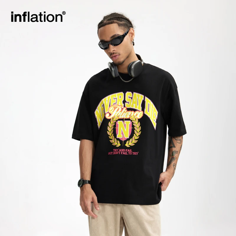 INFLATION Men's College Printed T-shirt Trendy Suede Imitation Beaded American Style Loose Short Sleeve